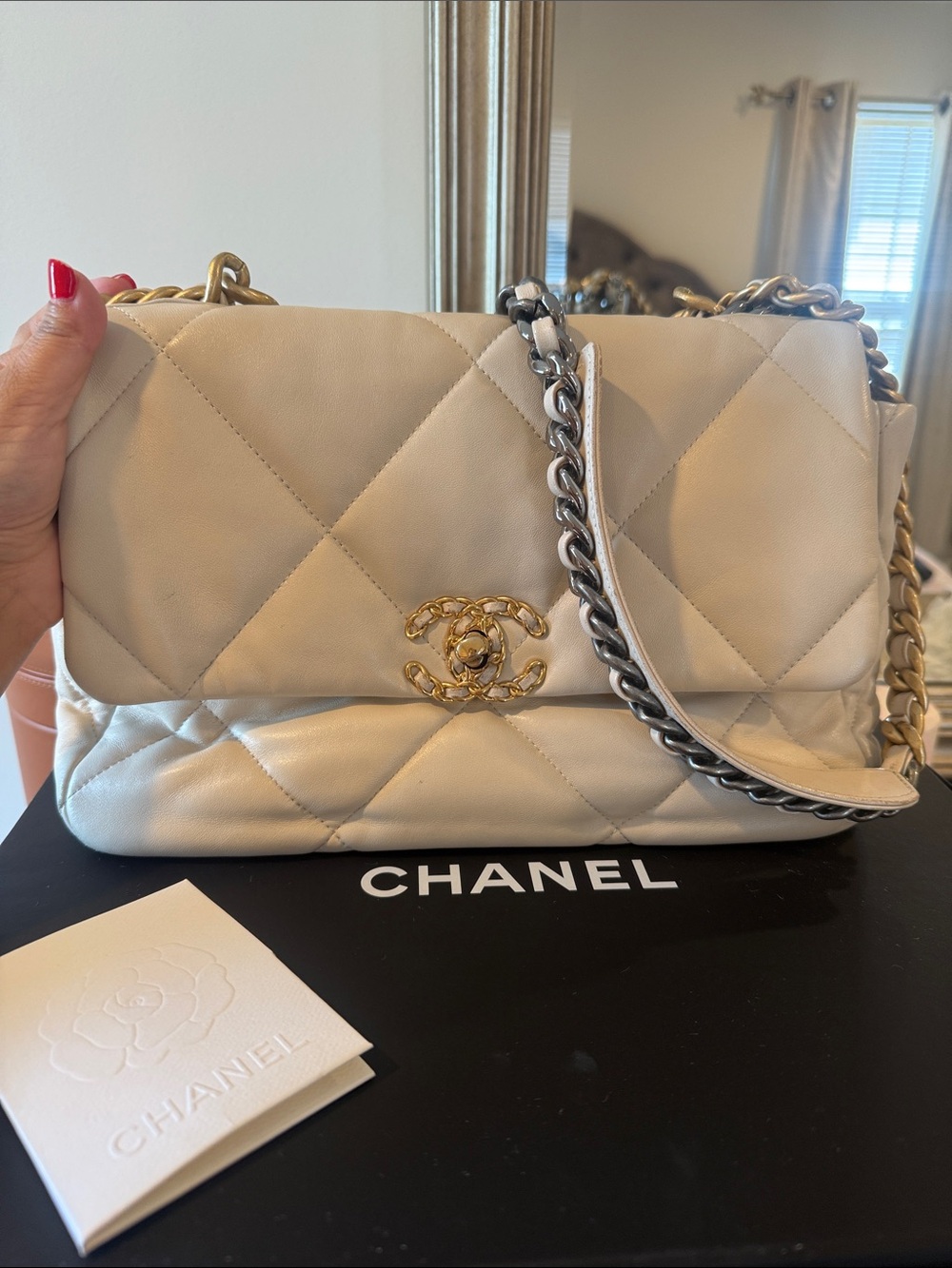 CHANEL 19 Cream Quilted Shoulder Bag with Gold CC and Chain Strap